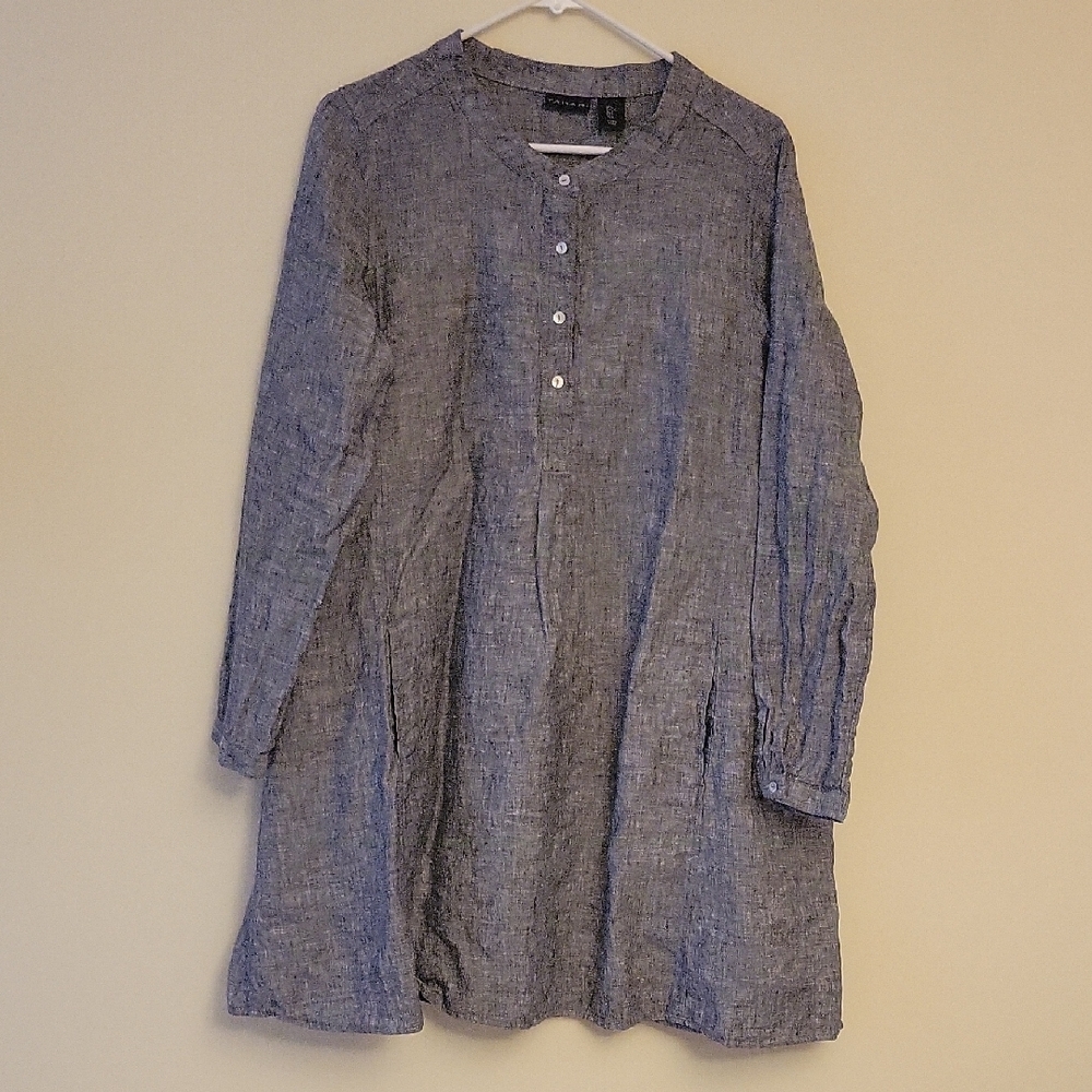 Tahari Long Sleeve Gray Linen Dress a line Sz Large loose fit